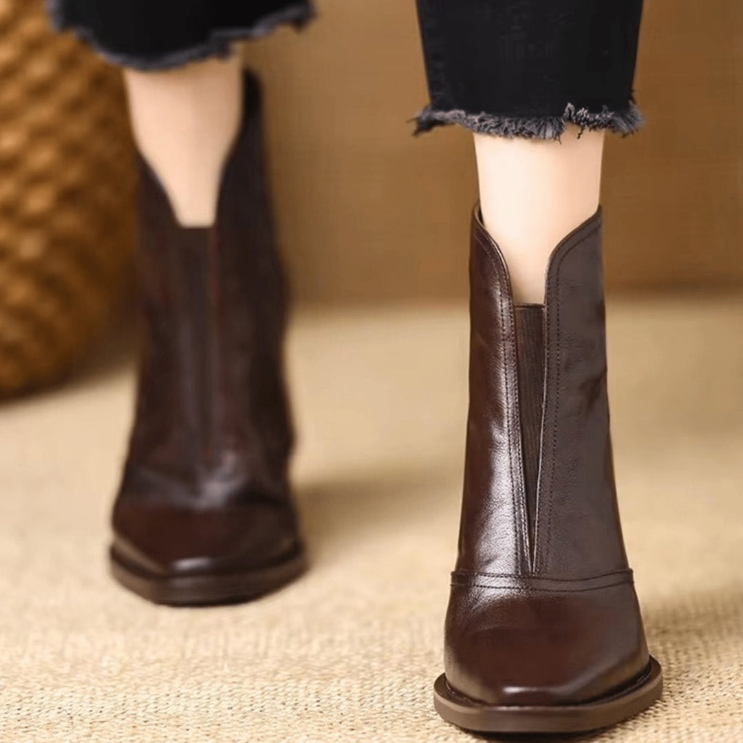 Women's Block-Heel V-Cut Back-Zip Leather Ankle Boots