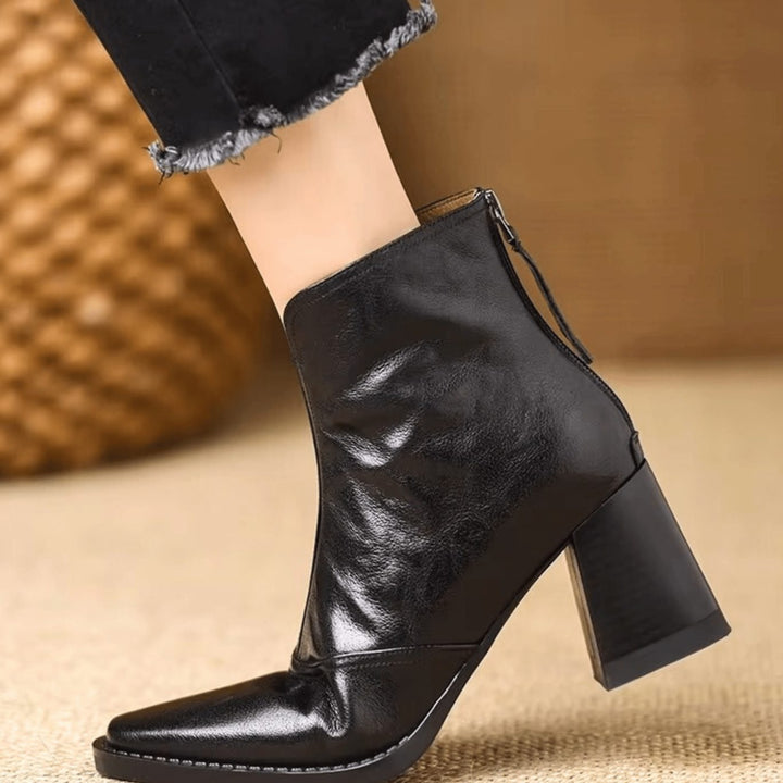 Women's Block-Heel V-Cut Back-Zip Leather Ankle Boots
