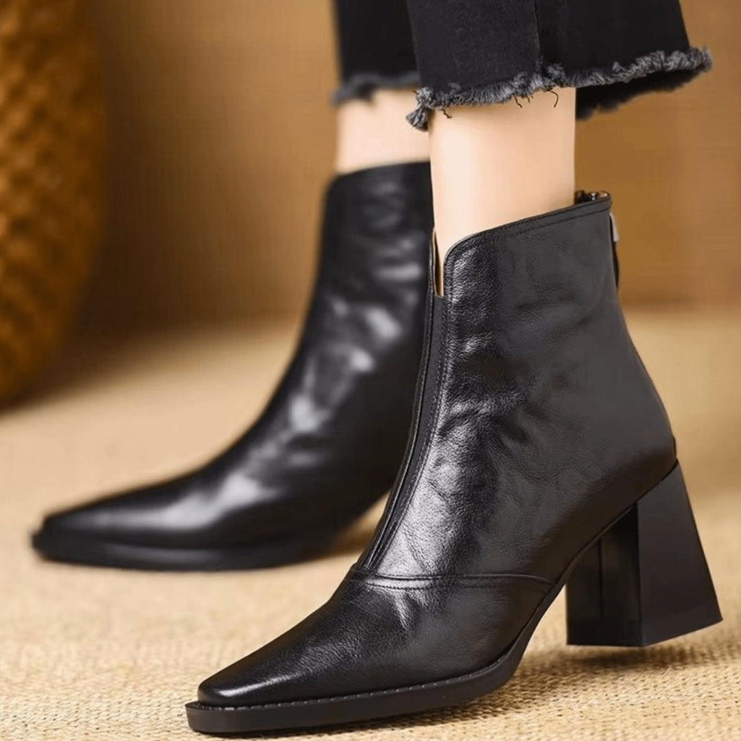 Women's Block-Heel V-Cut Back-Zip Leather Ankle Boots