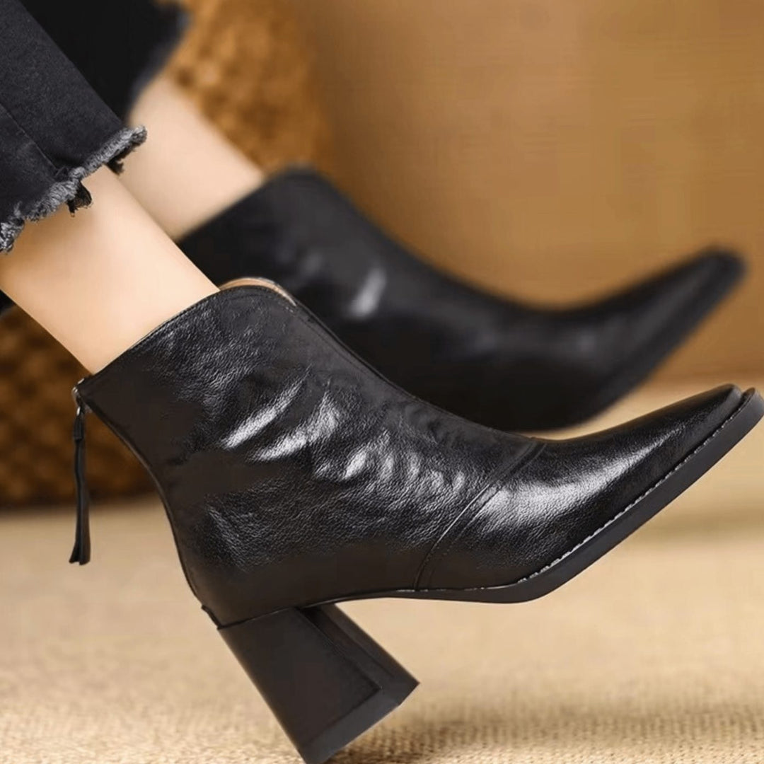 Women's Block-Heel V-Cut Back-Zip Leather Ankle Boots