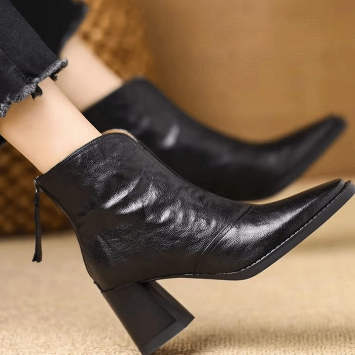 Women's Block-Heel V-Cut Back-Zip Leather Ankle Boots