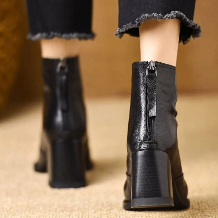 Women's Block-Heel V-Cut Back-Zip Leather Ankle Boots
