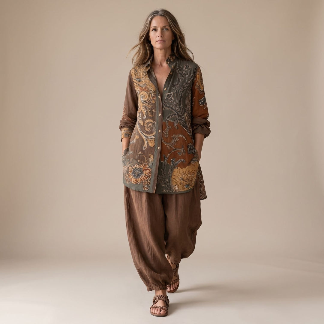 Women's Boho Floral-Print Button-Up Two Piece Set - Brown