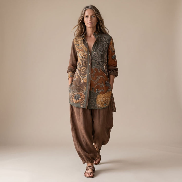 Women's Boho Floral-Print Button-Up Two Piece Set - Brown