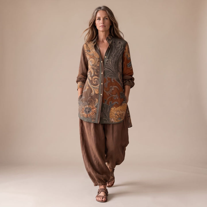 Women's Boho Floral-Print Button-Up Two Piece Set
