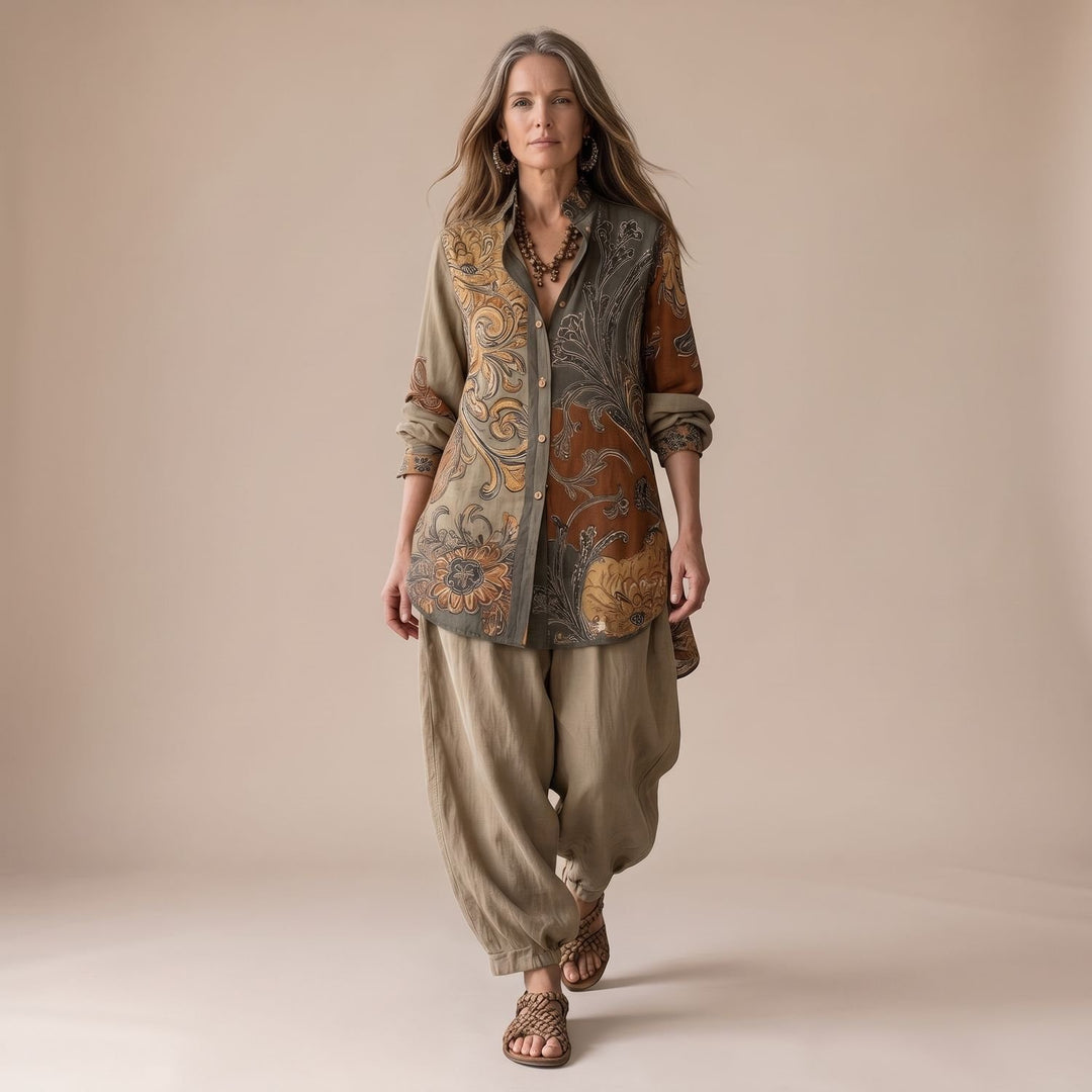 Women's Boho Floral-Print Button-Up Two Piece Set - Beige