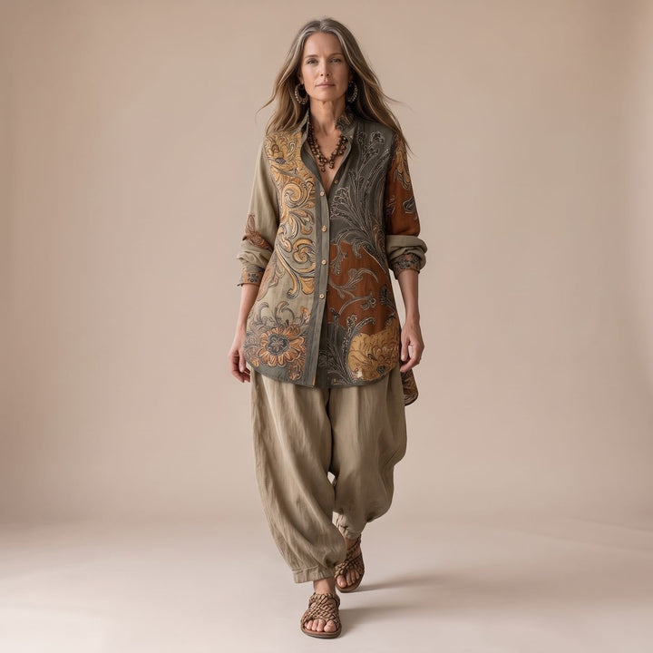 Women's Boho Floral-Print Button-Up Two Piece Set - Beige