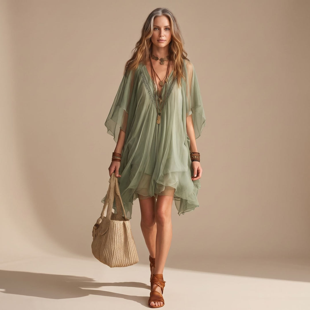 Women's Boho Layered Chiffon V-Neck Flowy Mini Dress