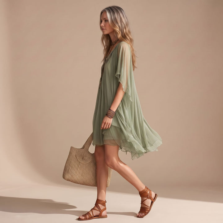 Women's Boho Layered Chiffon V-Neck Flowy Mini Dress