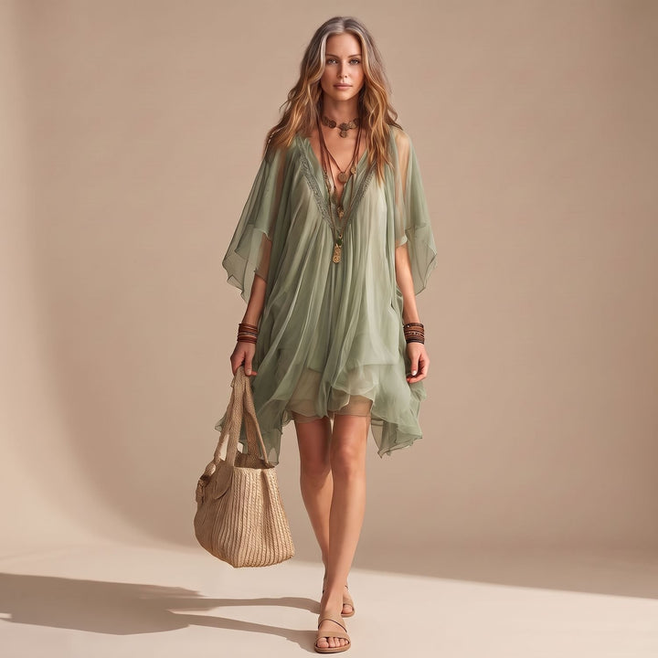 Women's Boho Layered Chiffon V-Neck Flowy Mini Dress