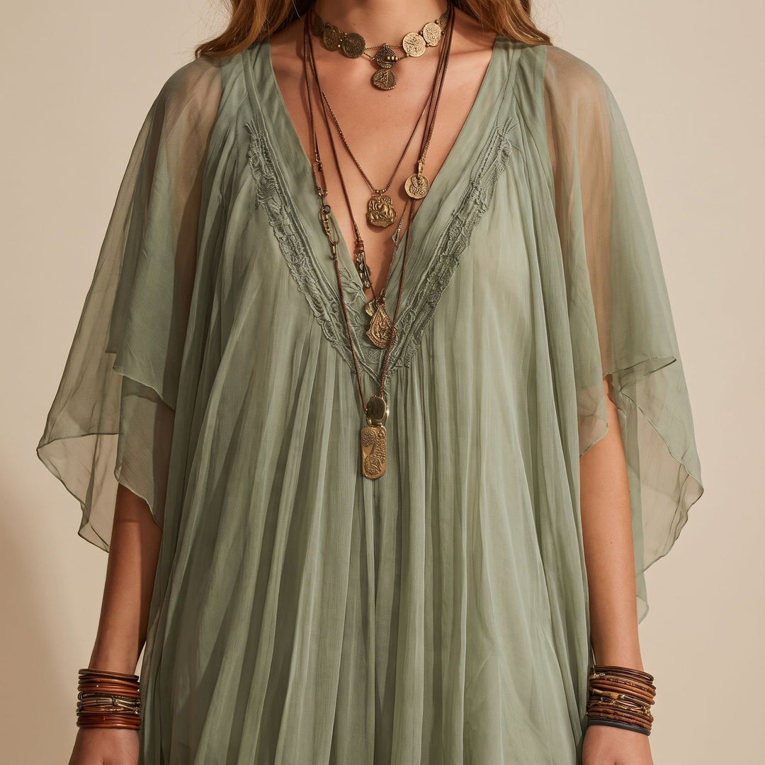 Women's Boho Layered Chiffon V-Neck Flowy Mini Dress