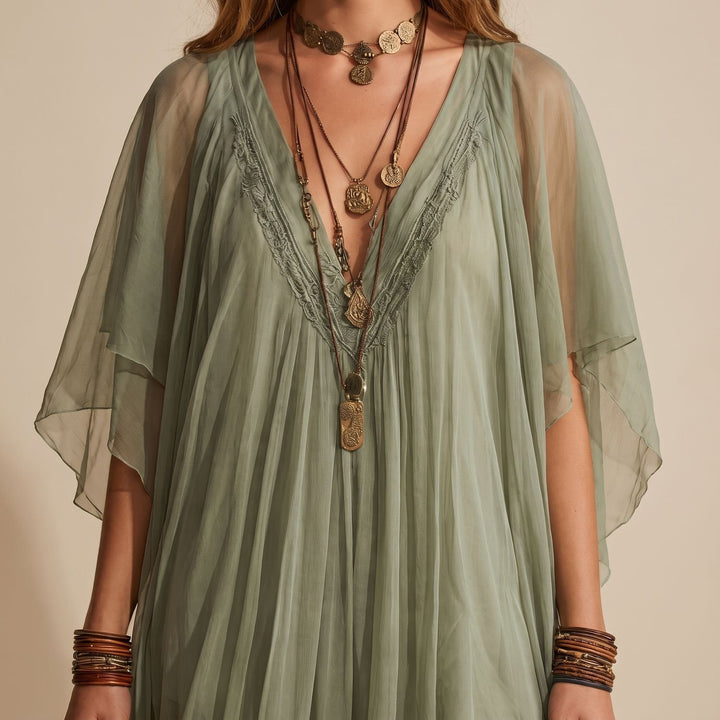 Women's Boho Layered Chiffon V-Neck Flowy Mini Dress