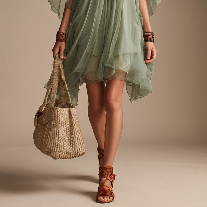 Women's Boho Layered Chiffon V-Neck Flowy Mini Dress