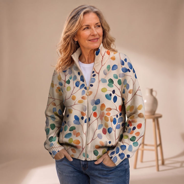Women's Botanical Leaf Print Full-Zip Bomber Cardigan