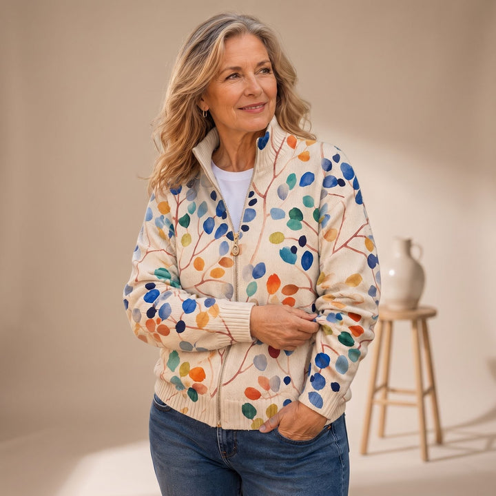 Women's Botanical Leaf Print Full-Zip Bomber Cardigan