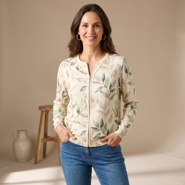 Women's Botanical Leaf Print Full-Zip Bomber Cardigan