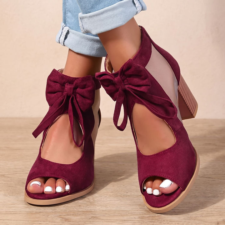 Women's Bow-Tie Block-Heel Open-Toe Orthopedic Sandals - Burgundy