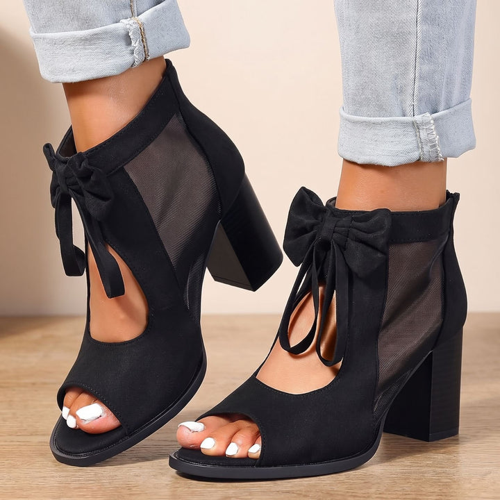 Women's Bow-Tie Block-Heel Open-Toe Orthopedic Sandals - Black