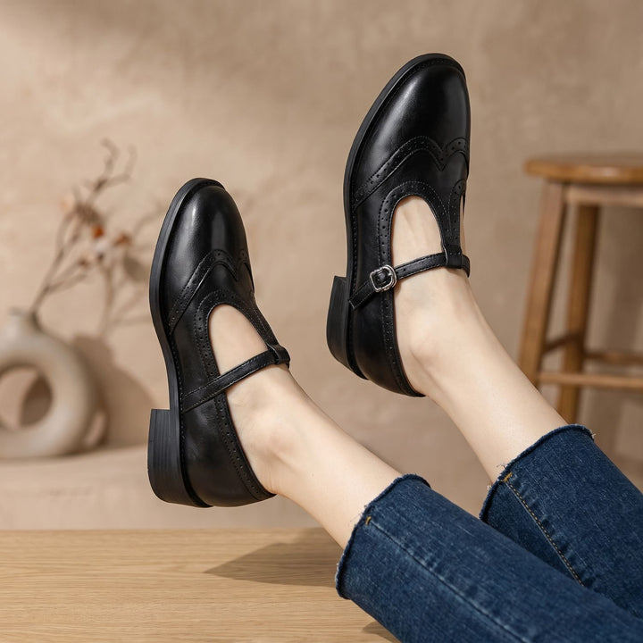 Women's Brogue T-Strap Buckle Mary Jane Shoes Low Block Heel - Black