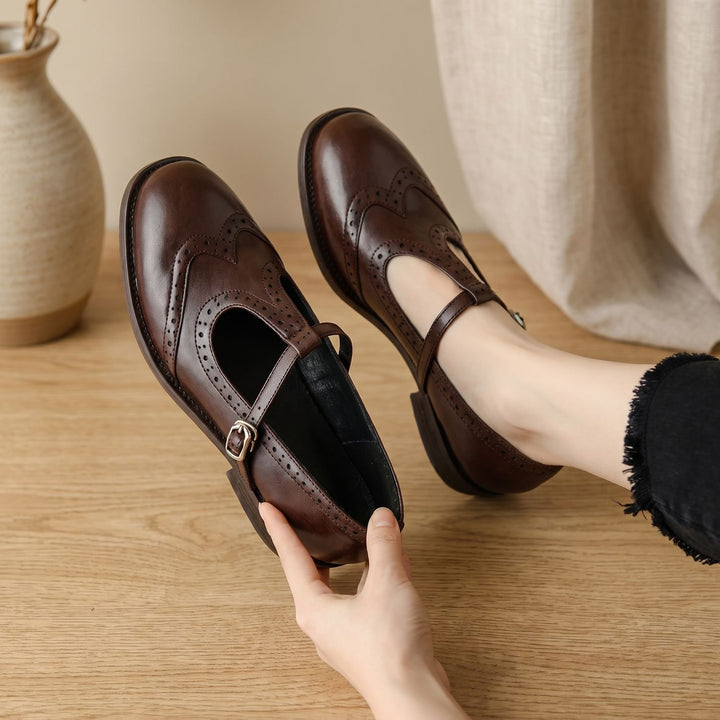 Women's Brogue T-Strap Buckle Mary Jane Shoes Low Block Heel - Brown