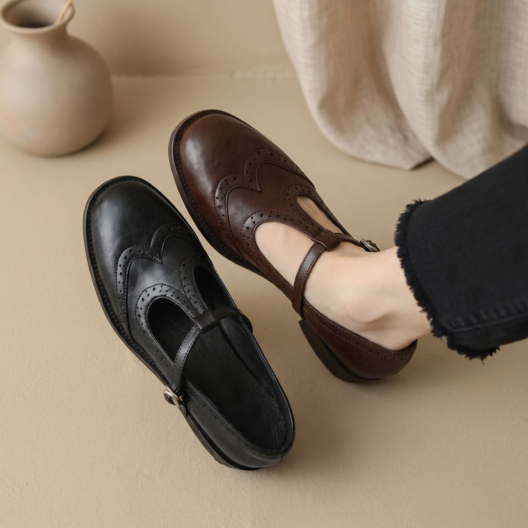 Women's Brogue T-Strap Buckle Mary Jane Shoes Low Block Heel