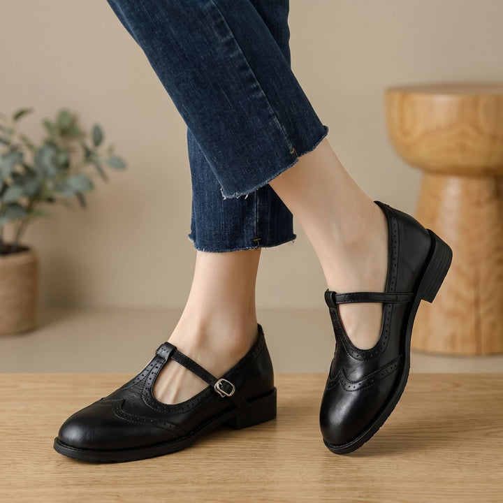 Women's Brogue T-Strap Buckle Mary Jane Shoes Low Block Heel