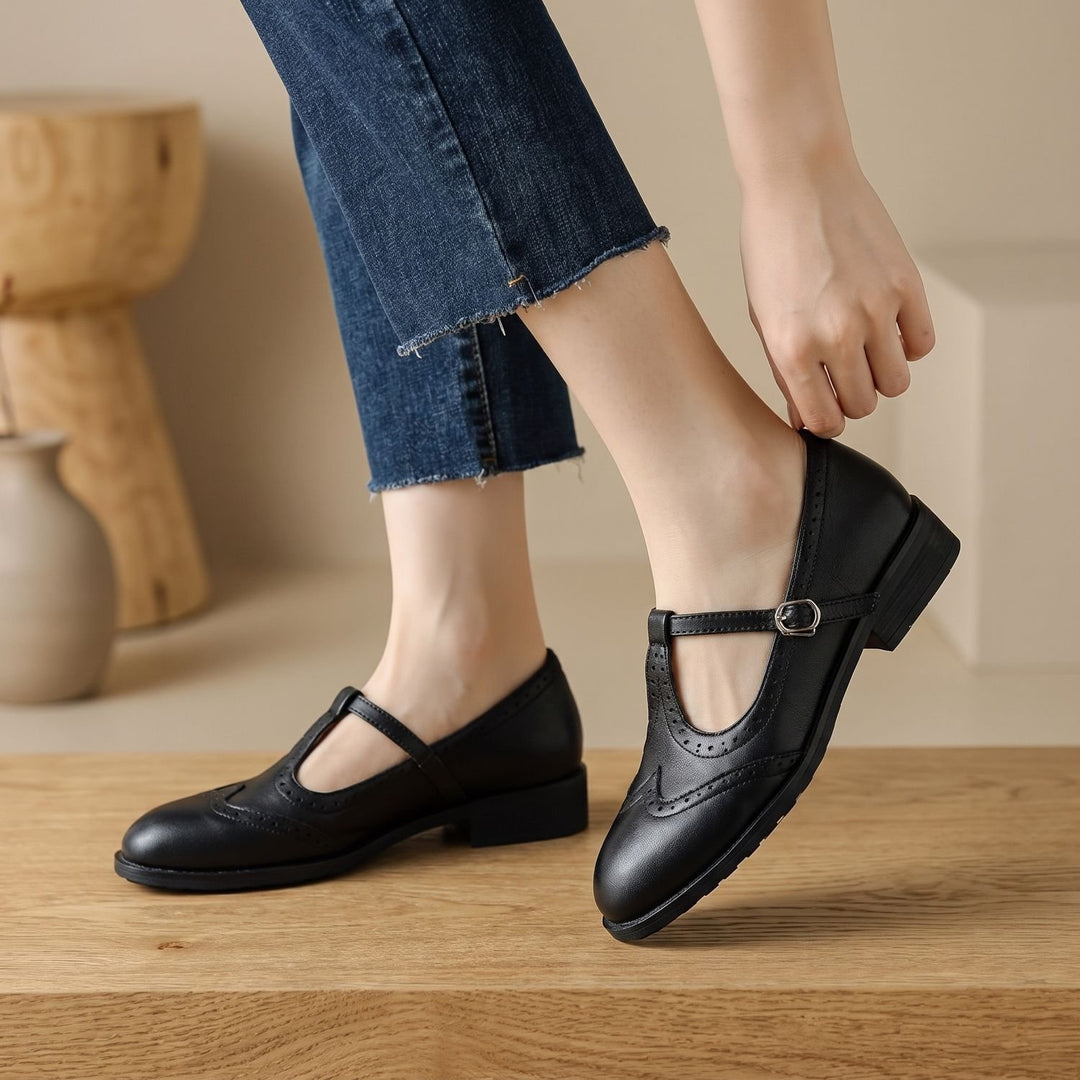 Women's Brogue T-Strap Buckle Mary Jane Shoes Low Block Heel