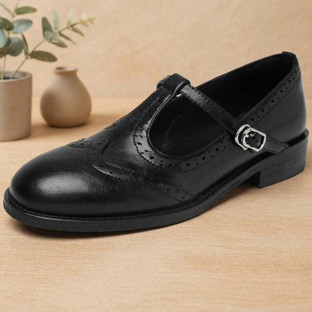 Women's Brogue T-Strap Buckle Mary Jane Shoes Low Block Heel