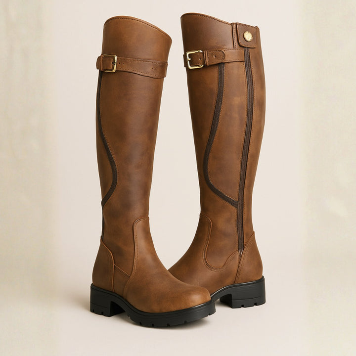 Women's Buckle-Strap Knee High Riding Boots Lug Sole - Brown