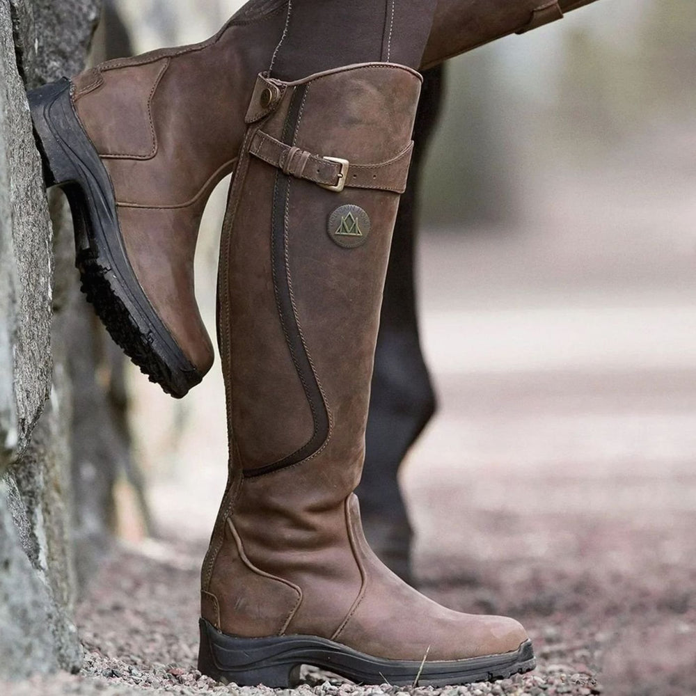 Women's Buckle-Strap Knee High Riding Boots Lug Sole - Dark Brown