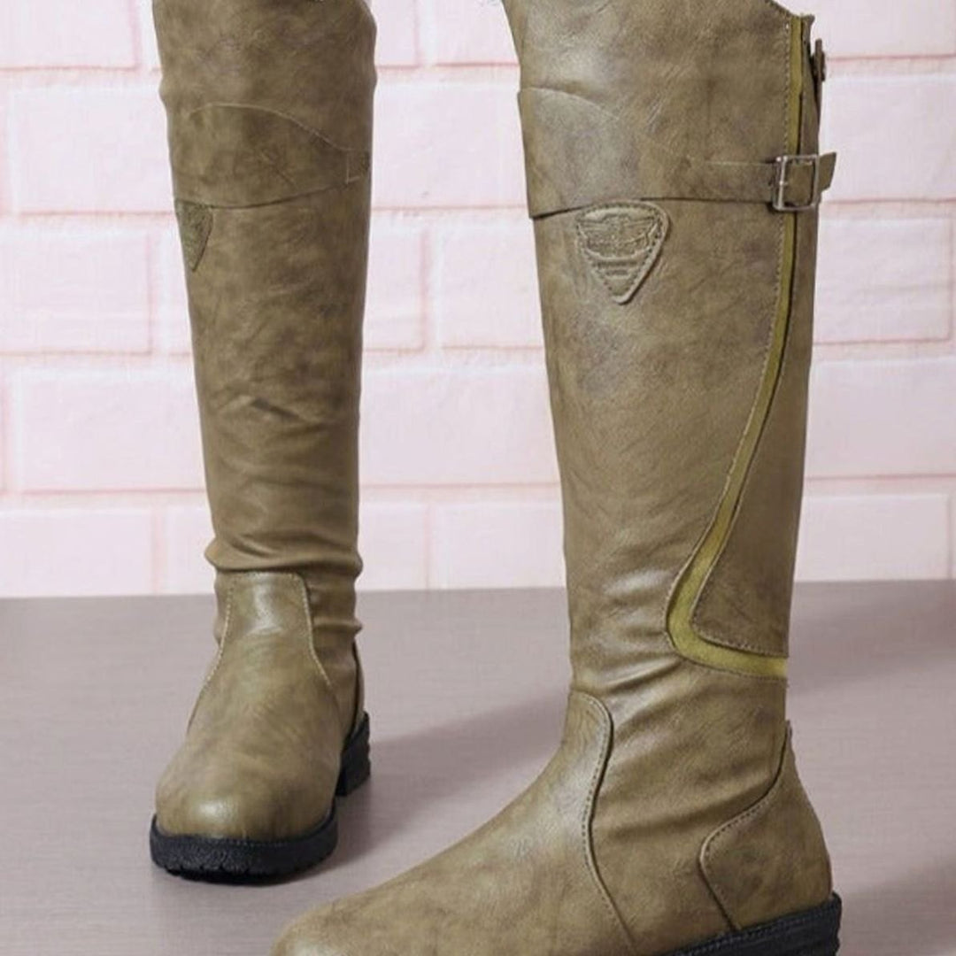 Women's Buckle-Strap Knee High Riding Boots Lug Sole - Green