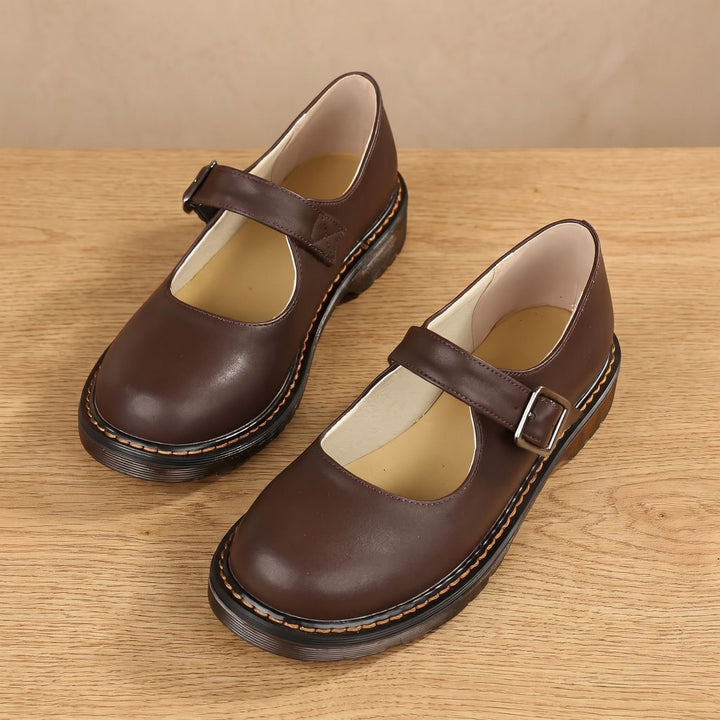 Women's Buckle-Strap Round-Toe Mary Jane Shoes Flats - Brown