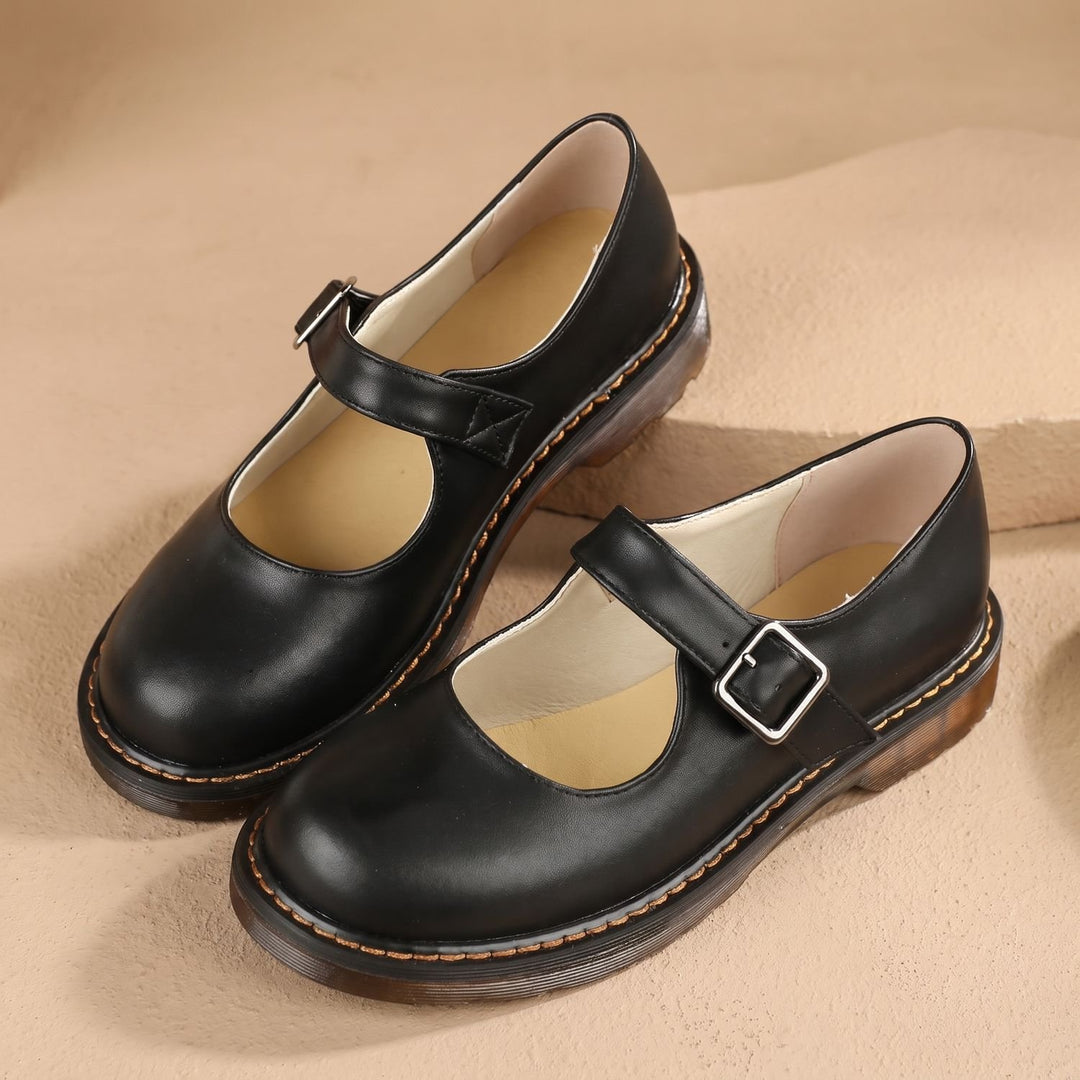 Women's Buckle-Strap Round-Toe Mary Jane Shoes Flats - Black