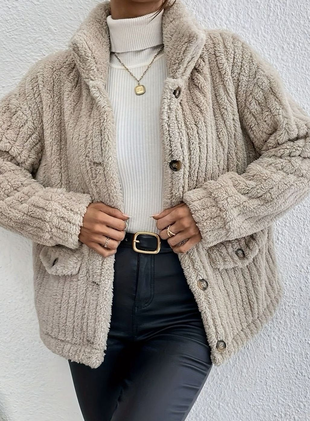 Women's Button-Front Teddy Fleece Jacket with Patch Pockets - Beige