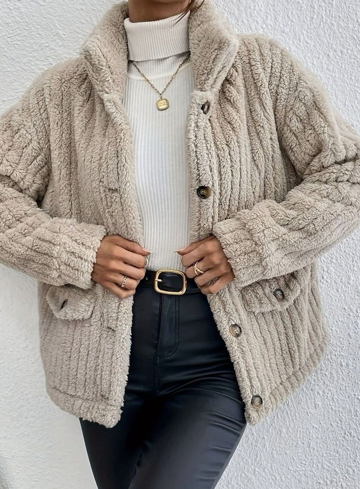 Women's Button-Front Teddy Fleece Jacket with Patch Pockets - Beige