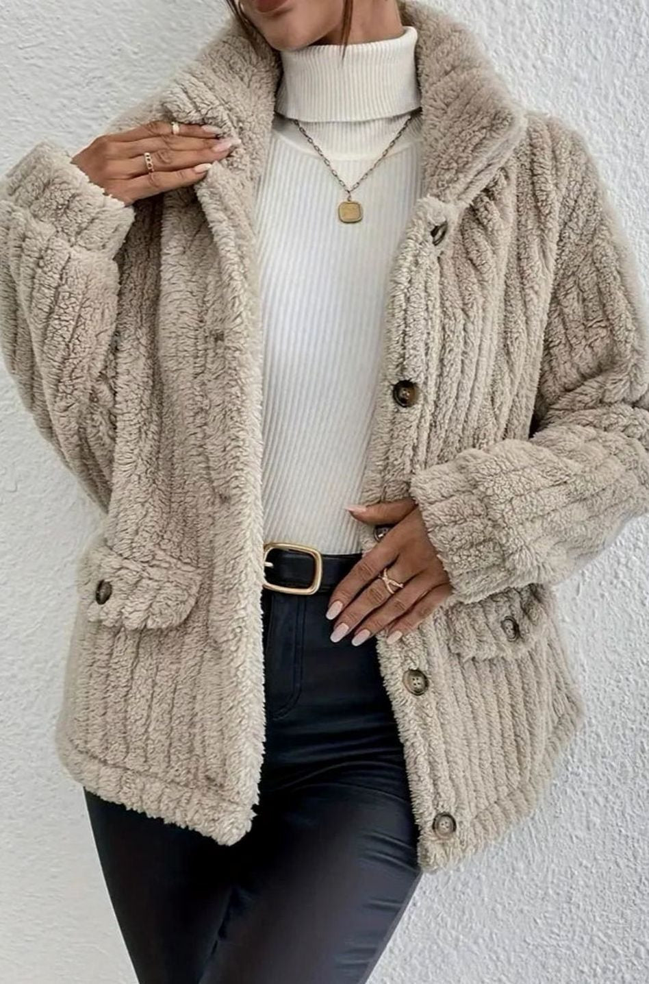 Women's Button-Front Teddy Fleece Jacket with Patch Pockets
