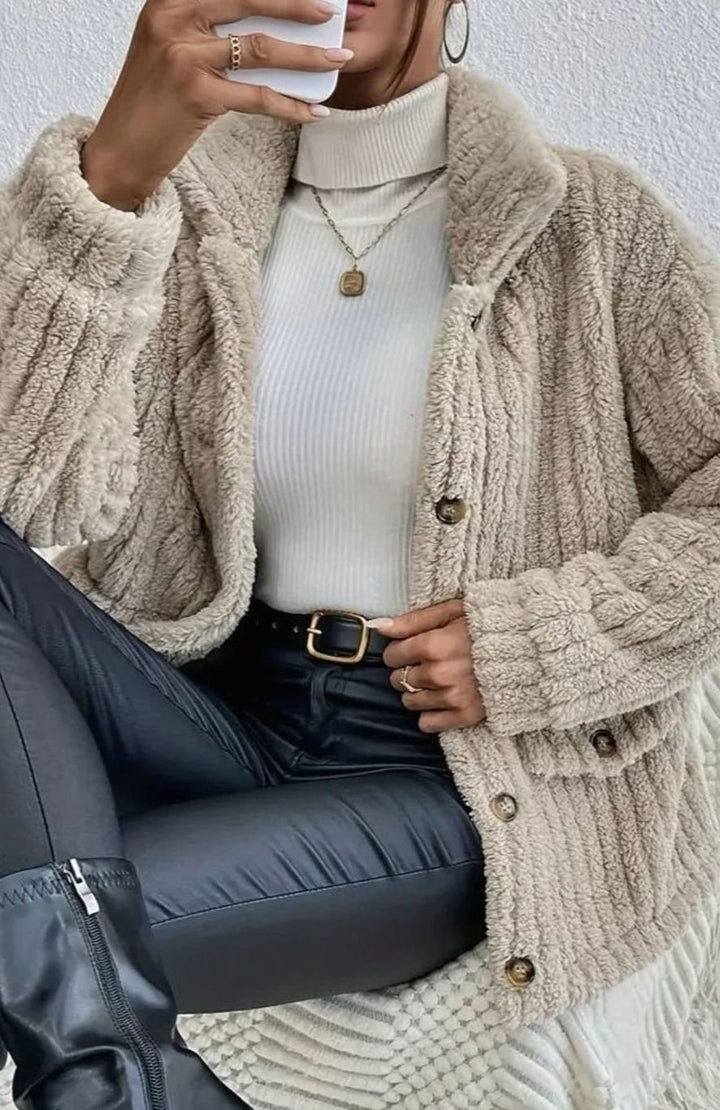Women's Button-Front Teddy Fleece Jacket with Patch Pockets