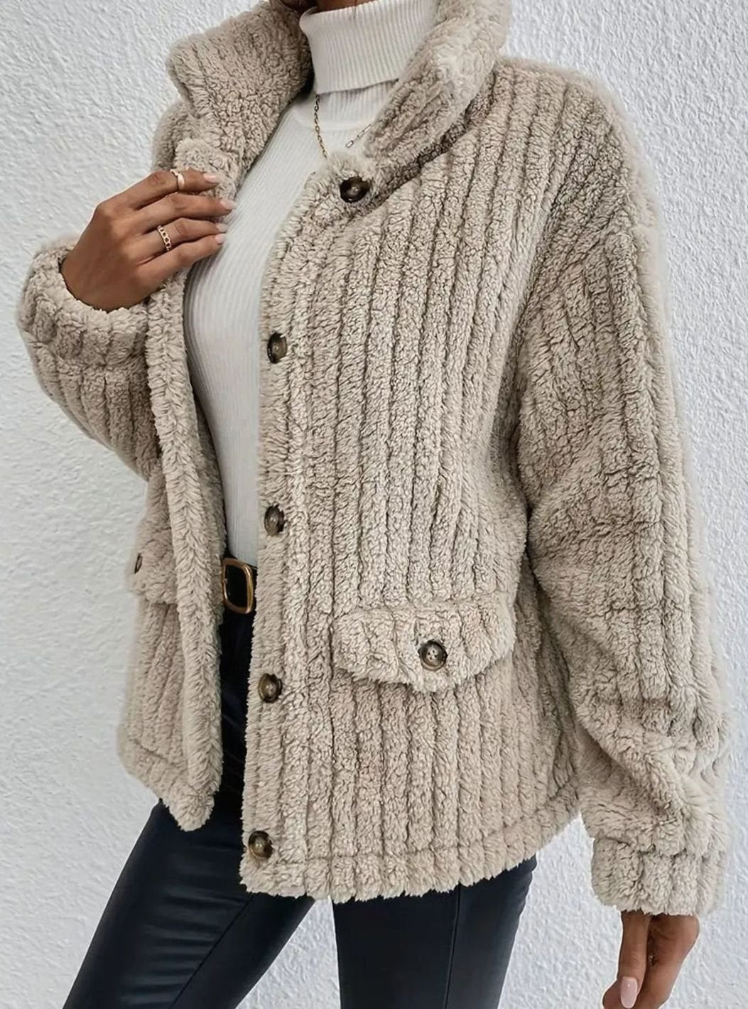 Women's Button-Front Teddy Fleece Jacket with Patch Pockets