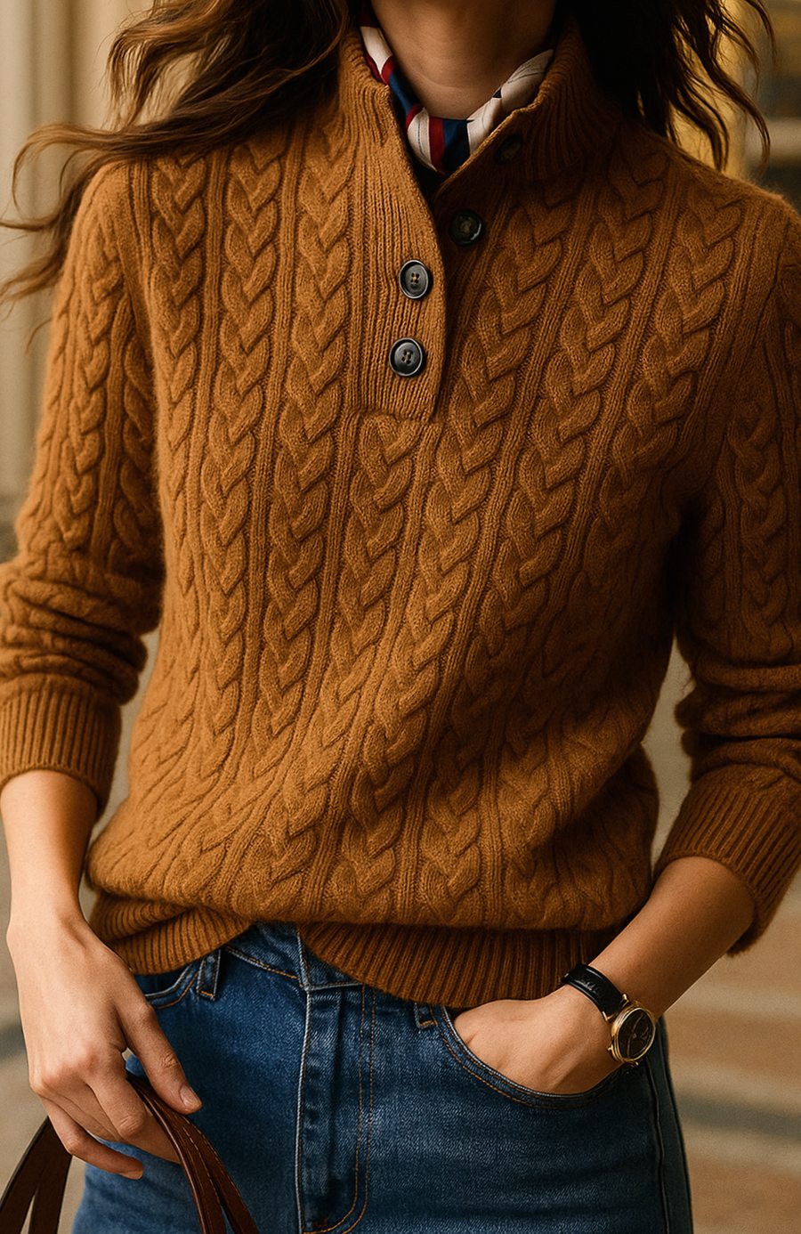 Women's Cable-Knit Button-Neck Long-Sleeve Sweater - Vintage