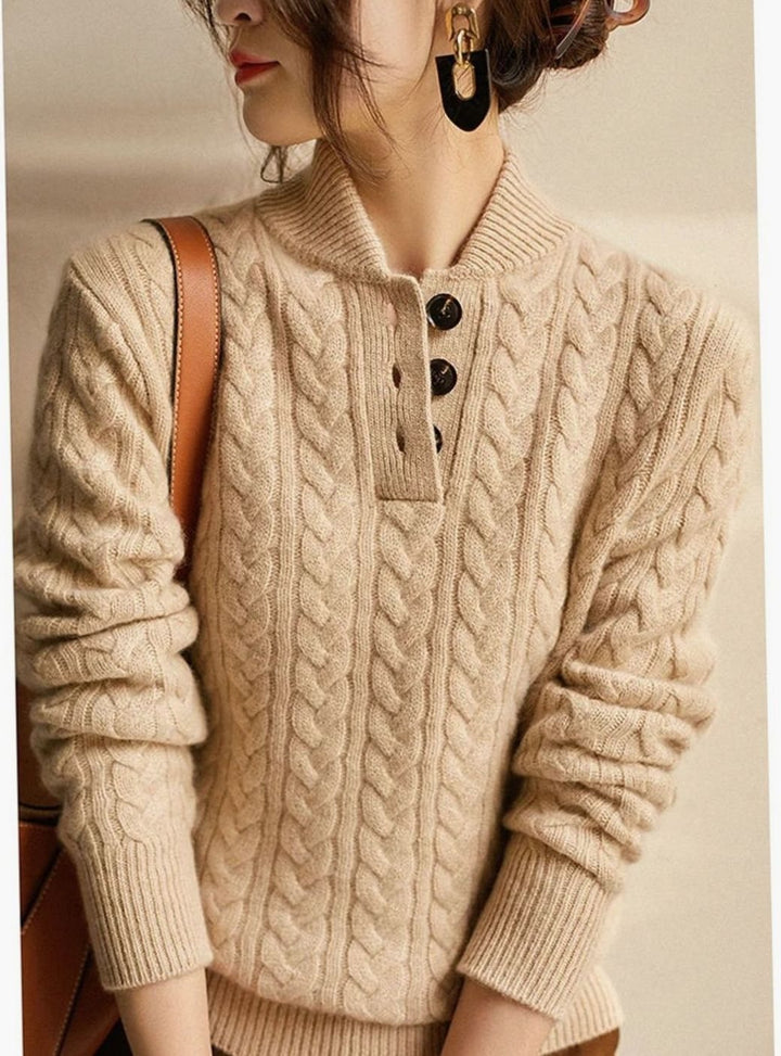 Women's Cable-Knit Button-Neck Long-Sleeve Sweater