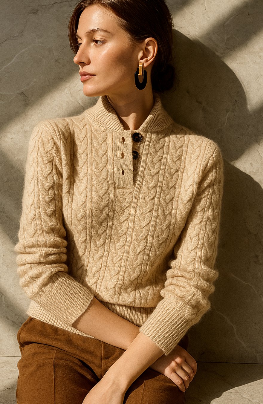 Women's Cable-Knit Button-Neck Long-Sleeve Sweater