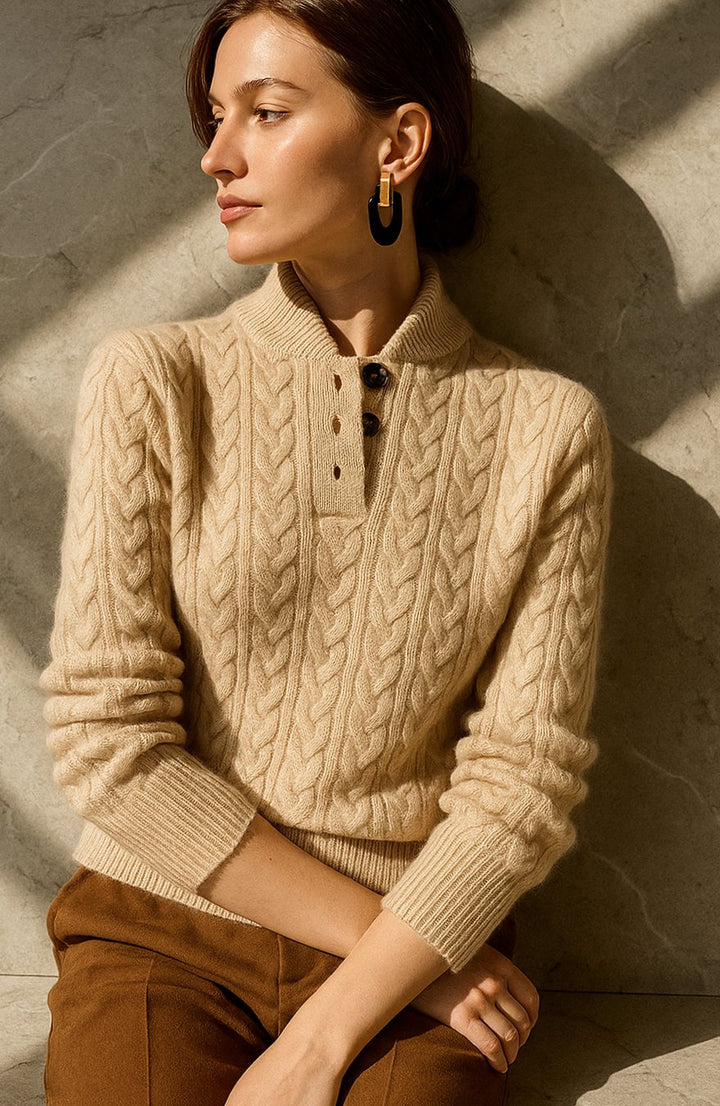 Women's Cable-Knit Button-Neck Long-Sleeve Sweater