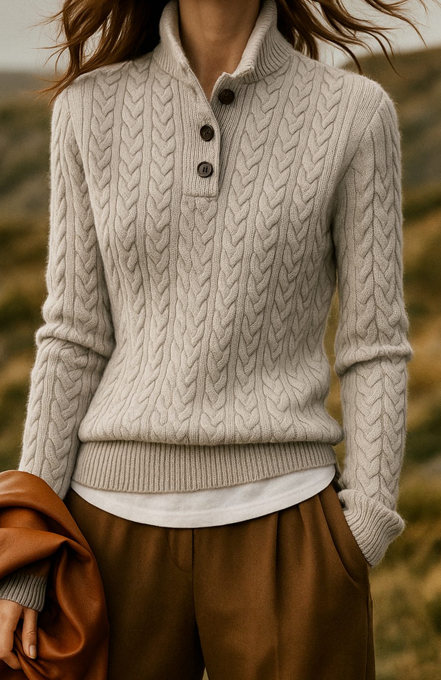 Women's Cable-Knit Button-Neck Long-Sleeve Sweater - Gray