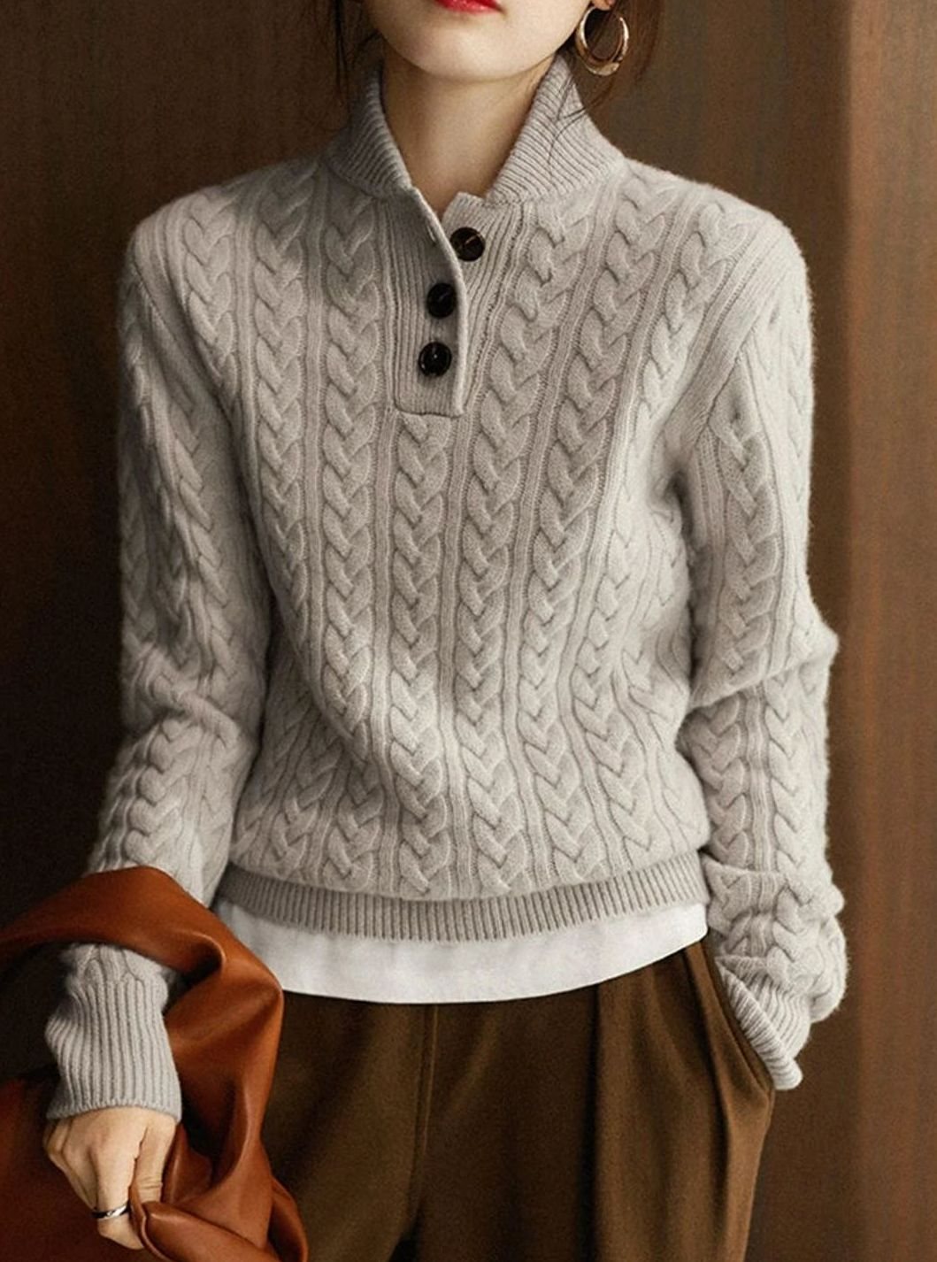 Women's Cable-Knit Button-Neck Long-Sleeve Sweater