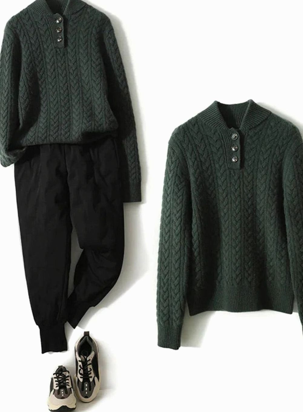 Women's Cable-Knit Button-Neck Long-Sleeve Sweater