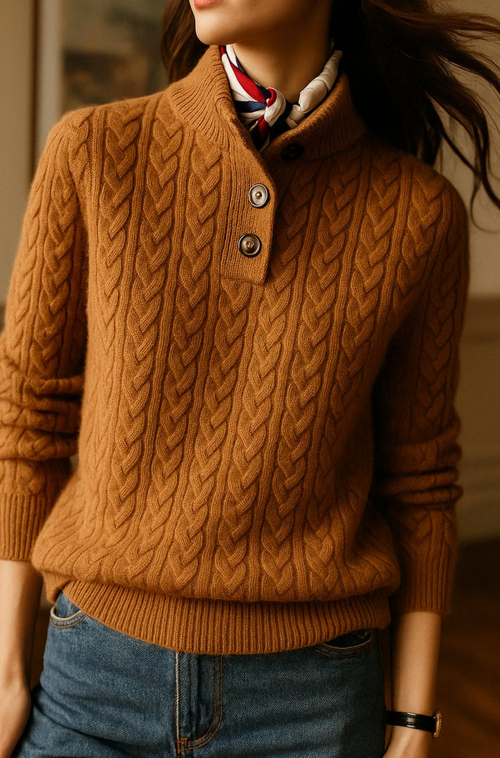 Women's Cable-Knit Button-Neck Long-Sleeve Sweater
