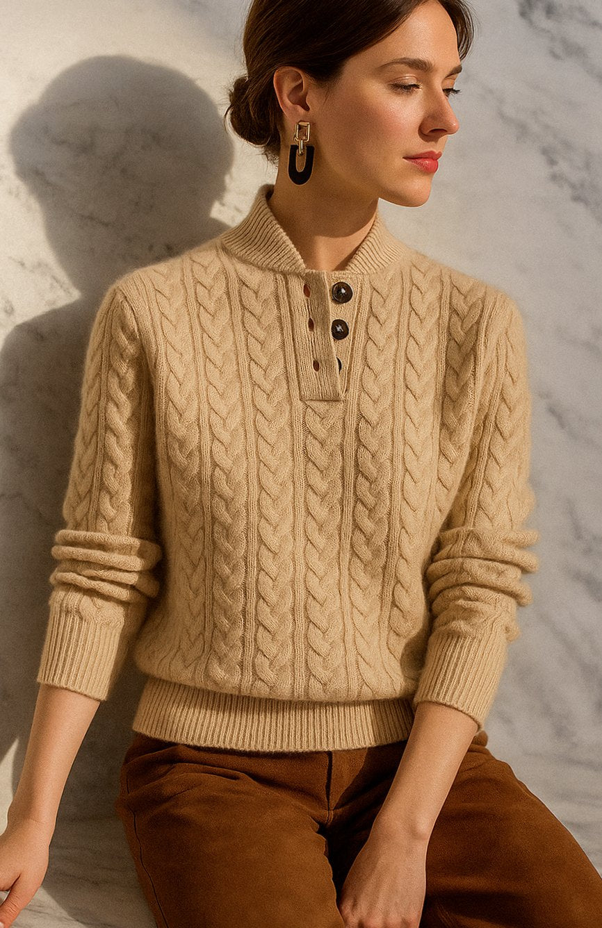 Women's Cable-Knit Button-Neck Long-Sleeve Sweater