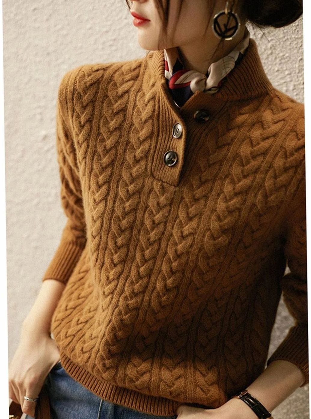 Women's Cable-Knit Button-Neck Long-Sleeve Sweater
