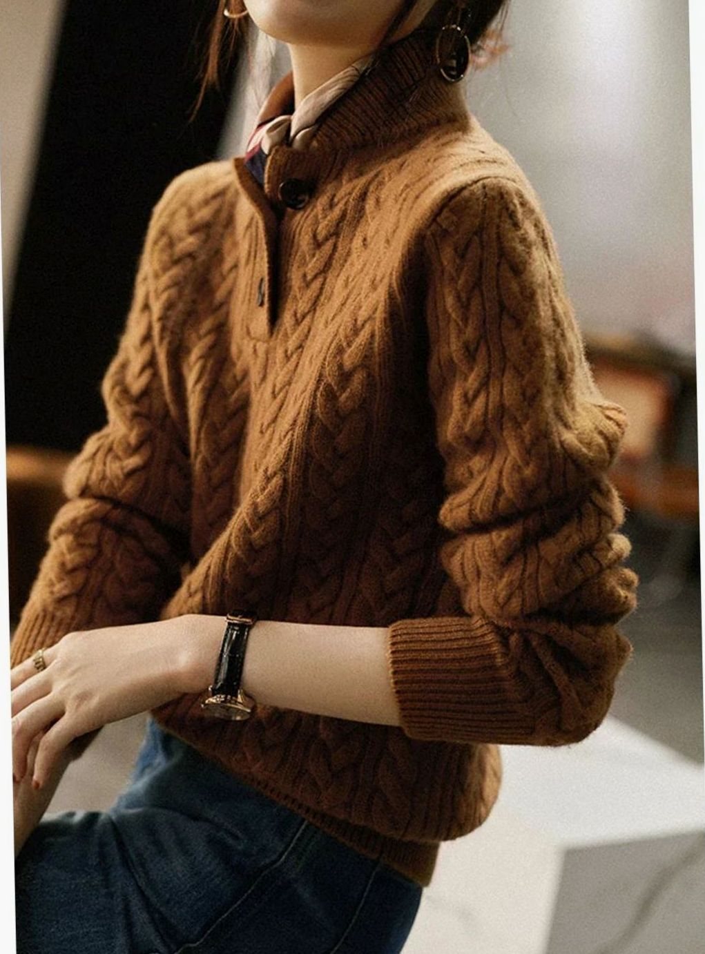 Women's Cable-Knit Button-Neck Long-Sleeve Sweater