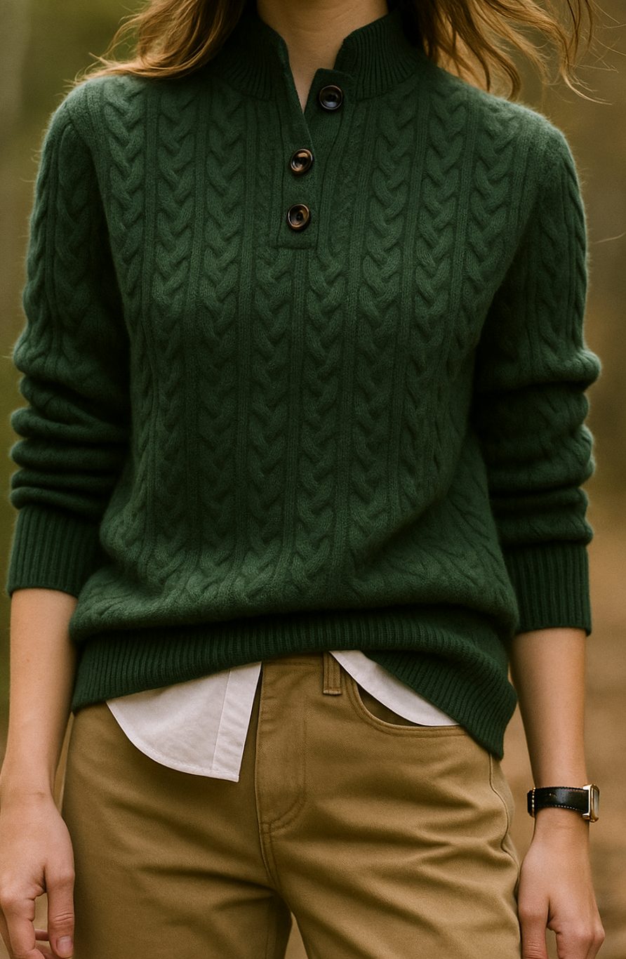 Women's Cable-Knit Button-Neck Long-Sleeve Sweater - Olive Green